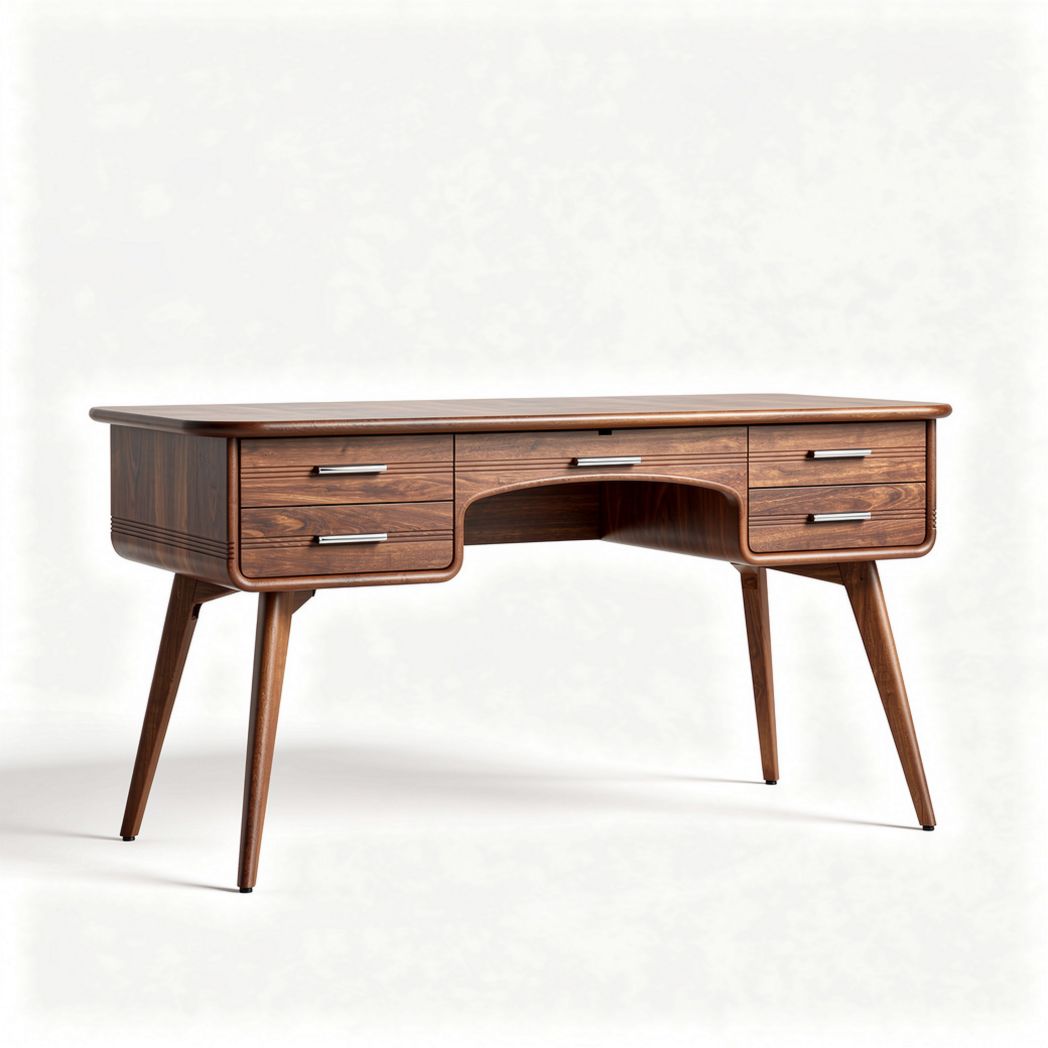 Mid-century modern wooden desk with four drawers and tapered legs 120 x 60 x 75cm