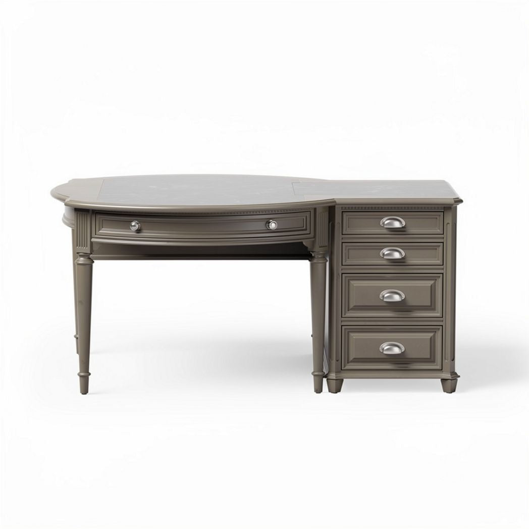 Classic gray corner desk with four drawers and curved design 150 x 70 x 75cm