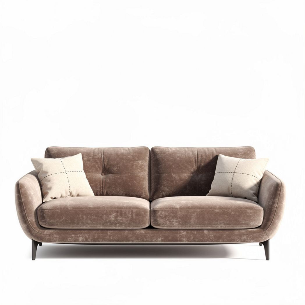Brown fabric upholstered sofa with two accent pillows 180 x 90 x 80cm