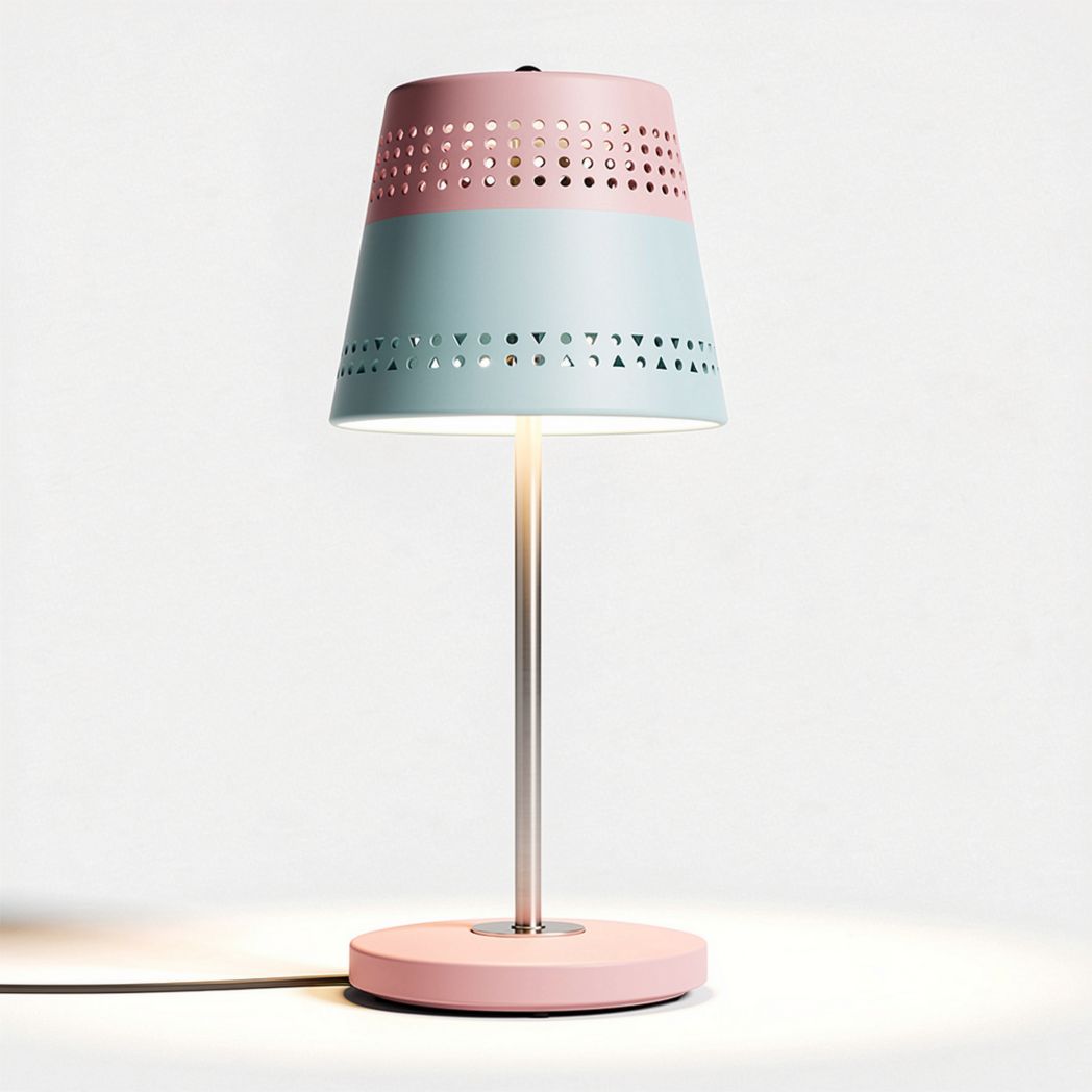 Pink and blue metal table lamp with perforated shade 15 x 15 x 40cm