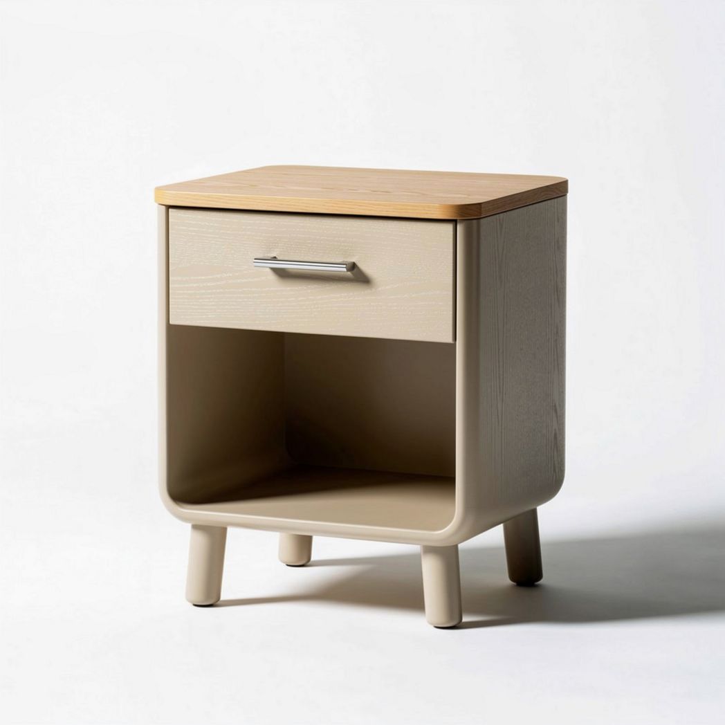 Nightstand with one drawer and open shelf in beige and wood finish 40 x 35 x 50cm