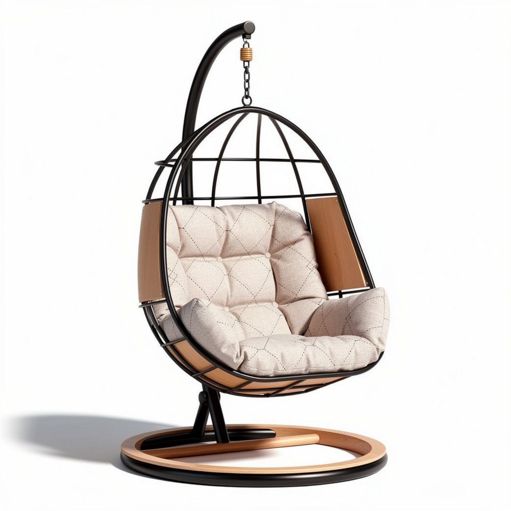 Hanging egg chair with cushioned seat and wood accent frame in beige