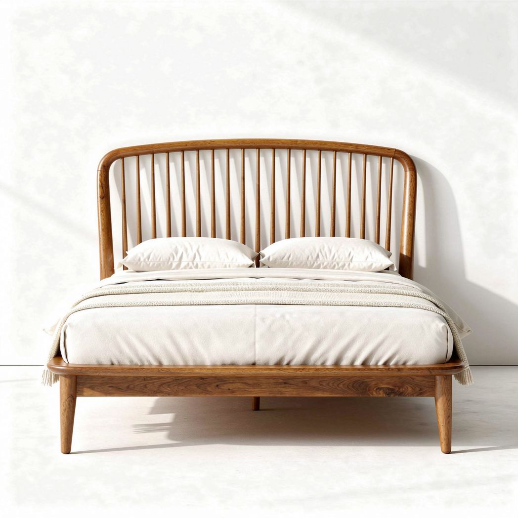 Mid-century modern wooden bed frame with tapered legs and curved headboard 200 x 160 x 100cm