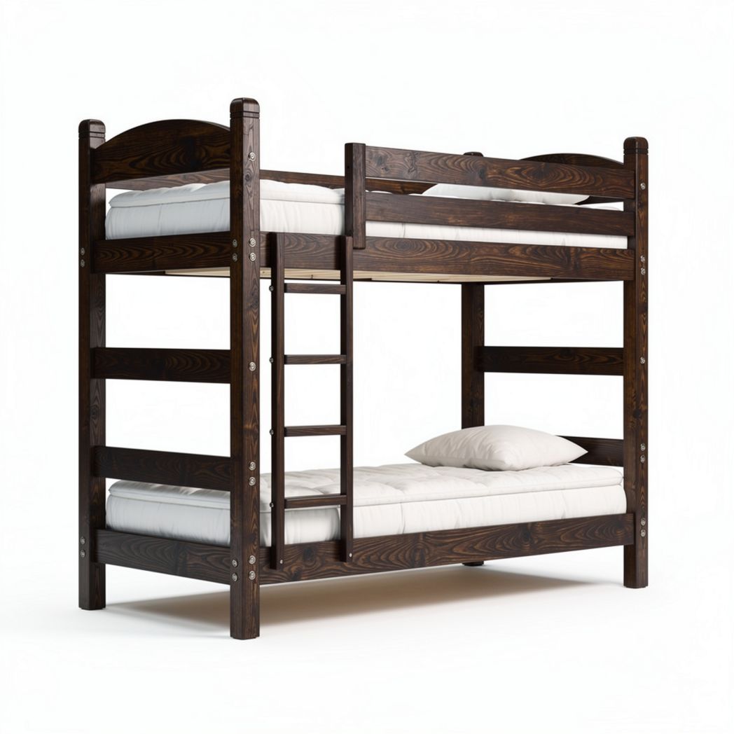 Wooden twin over twin bunk bed with ladder in dark brown finish 200 x 100 x 160cm