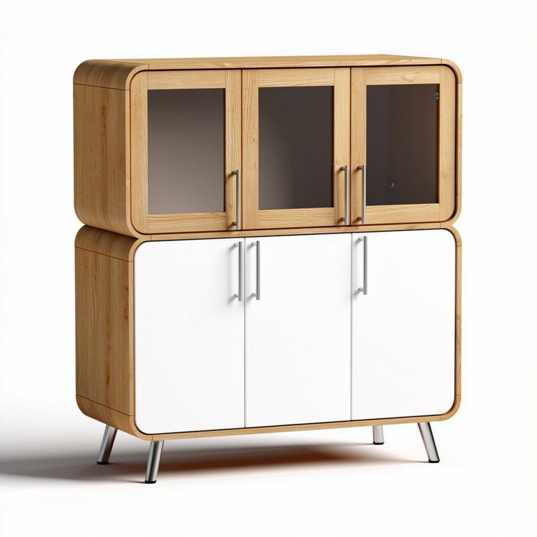 Modern wooden storage cabinet with glass doors and white accents 120 x 40 x 90cm